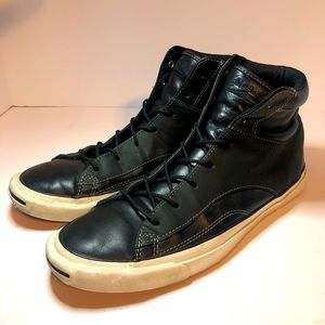 Converse Jack Purcell High Top Black Leather White Bottom Shoes Unisex Size 9.5